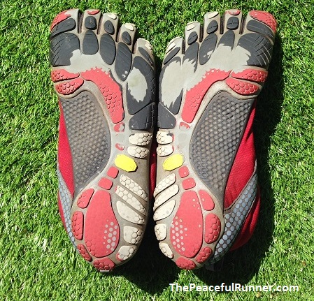 Worn soles of Vibram FiveFingers running shoes