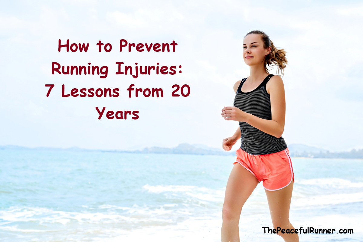 How to prevent running injuries: a female running on a quiet beach with a peaceful expression that shows mindful awareness.
