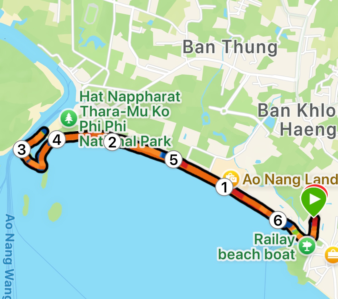 Running route on Nopparat Thera beach in Ao Nang, Thailand