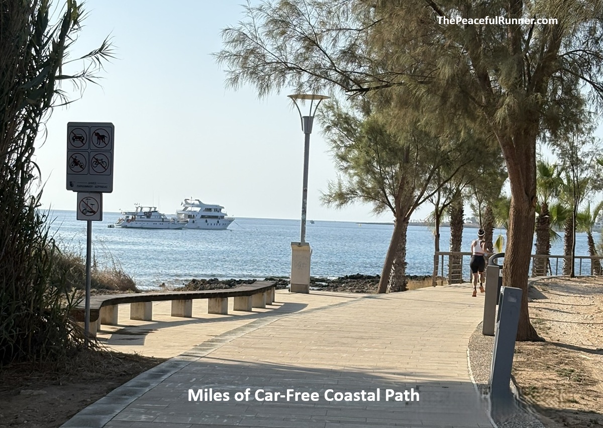Paved coastal path lined with tamarisk trees with a runner ahead and yachts moored offshore