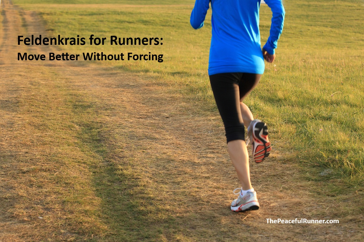 Woman running easily along a grass path in evening light, illustrating Feldenkrais running practice.
